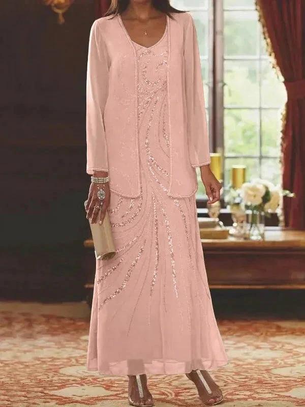 Sheath/Column V-Neck Ankle-Length Mother of the Bride Dresses with Jacket & Sequins - Image 26