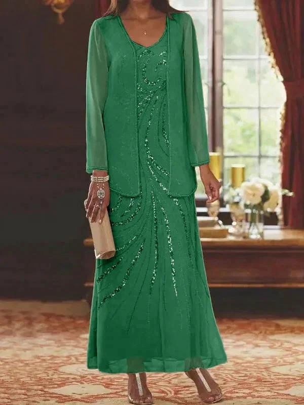 Sheath/Column V-Neck Ankle-Length Mother of the Bride Dresses with Jacket & Sequins - Image 28