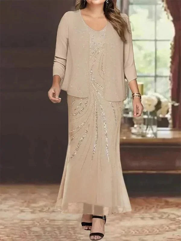 Sheath/Column V-Neck Ankle-Length Mother of the Bride Dresses with Jacket & Sequins - Image 3