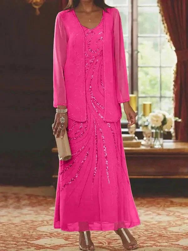 Sheath/Column V-Neck Ankle-Length Mother of the Bride Dresses with Jacket & Sequins - Image 30