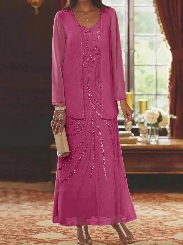 Sheath/Column V-Neck Ankle-Length Mother of the Bride Dresses with Jacket & Sequins - Image 31
