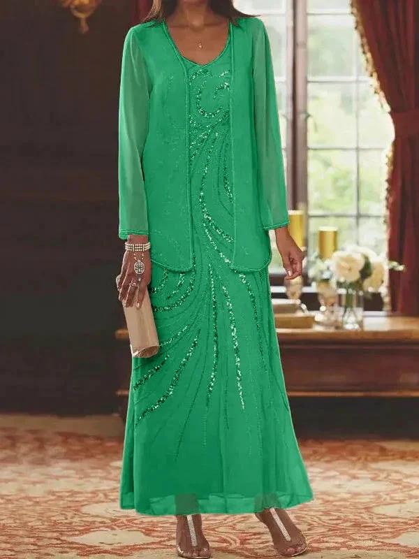 Sheath/Column V-Neck Ankle-Length Mother of the Bride Dresses with Jacket & Sequins - Image 34