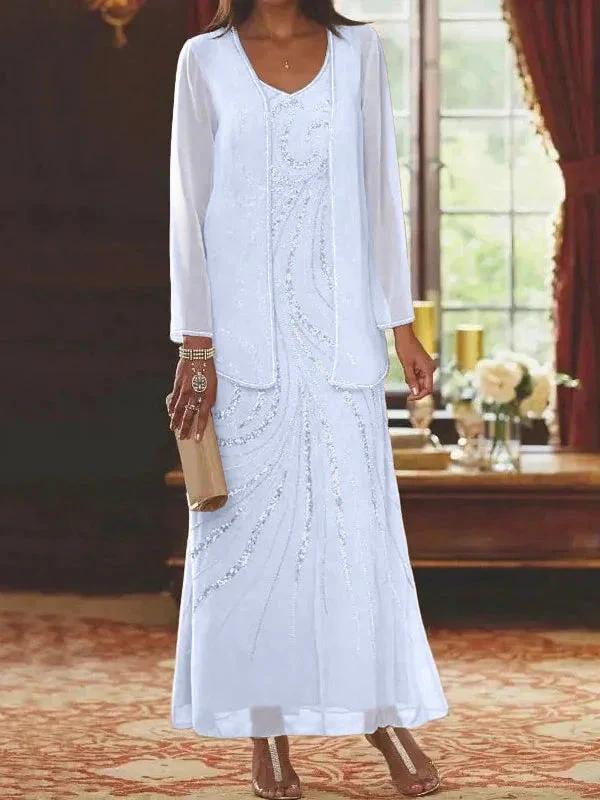 Sheath/Column V-Neck Ankle-Length Mother of the Bride Dresses with Jacket & Sequins - Image 37