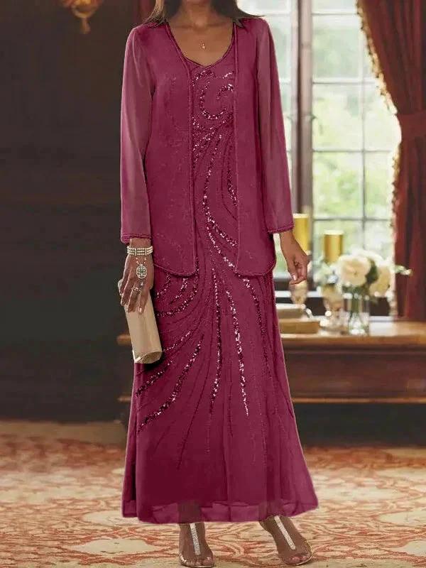 Sheath/Column V-Neck Ankle-Length Mother of the Bride Dresses with Jacket & Sequins - Image 39