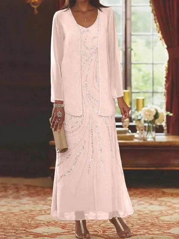 Sheath/Column V-Neck Ankle-Length Mother of the Bride Dresses with Jacket & Sequins - Image 41