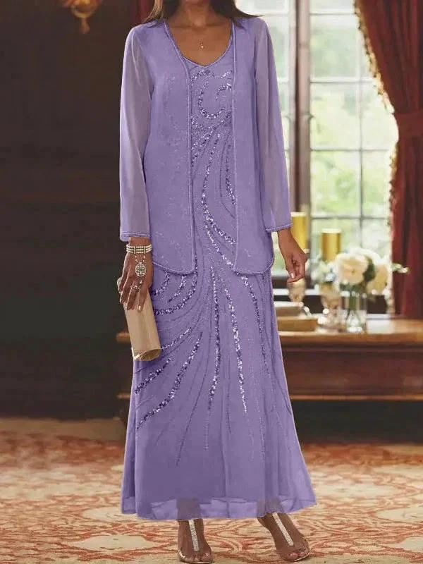 Sheath/Column V-Neck Ankle-Length Mother of the Bride Dresses with Jacket & Sequins - Image 42