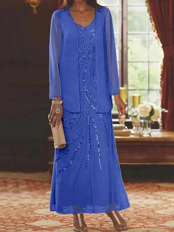Sheath/Column V-Neck Ankle-Length Mother of the Bride Dresses with Jacket & Sequins - Image 43