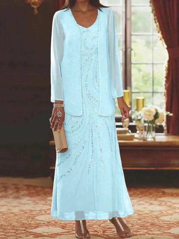 Sheath/Column V-Neck Ankle-Length Mother of the Bride Dresses with Jacket & Sequins - Image 44