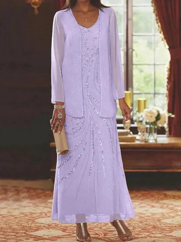 Sheath/Column V-Neck Ankle-Length Mother of the Bride Dresses with Jacket & Sequins - Image 45