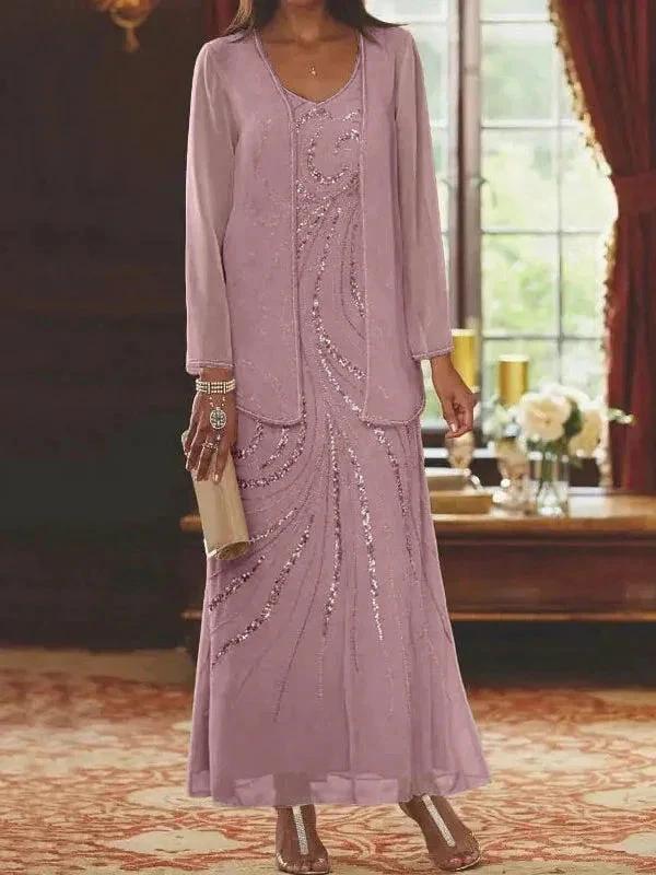 Sheath/Column V-Neck Ankle-Length Mother of the Bride Dresses with Jacket & Sequins - Image 46