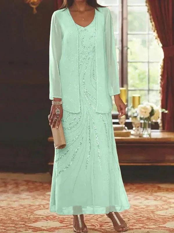 Sheath/Column V-Neck Ankle-Length Mother of the Bride Dresses with Jacket & Sequins - Image 47