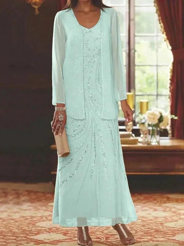 Sheath/Column V-Neck Ankle-Length Mother of the Bride Dresses with Jacket & Sequins - Image 48