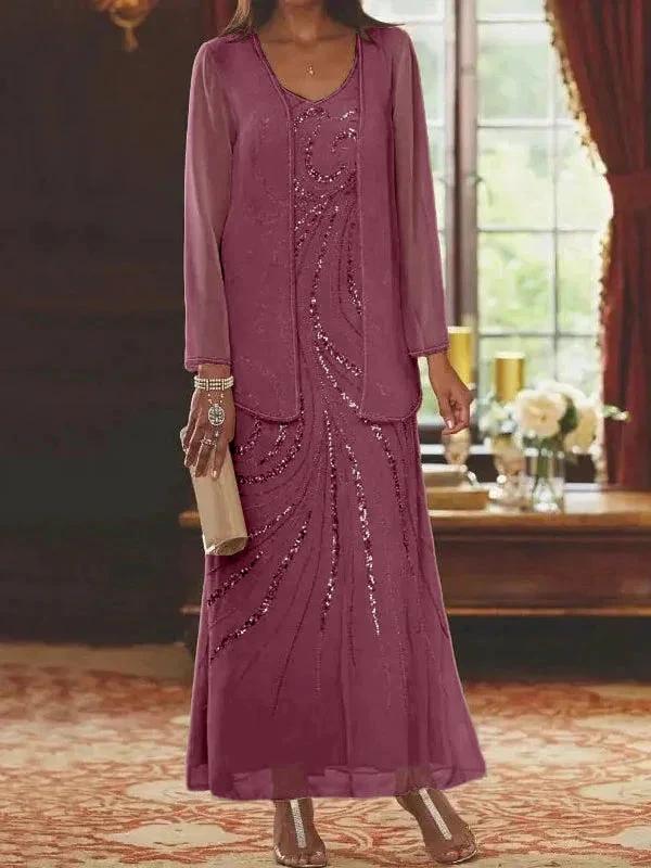 Sheath/Column V-Neck Ankle-Length Mother of the Bride Dresses with Jacket & Sequins - Image 49