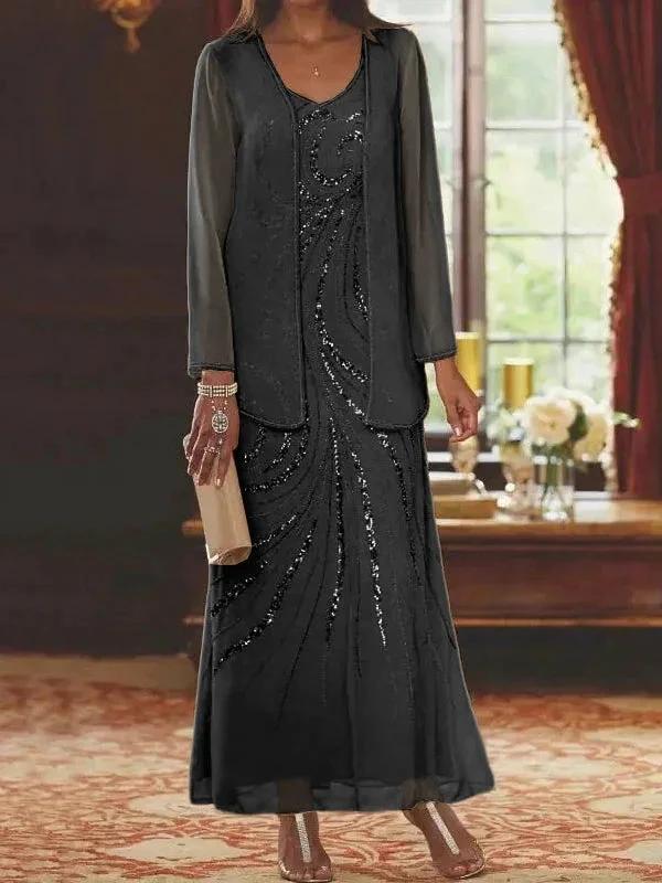Sheath/Column V-Neck Ankle-Length Mother of the Bride Dresses with Jacket & Sequins - Image 5