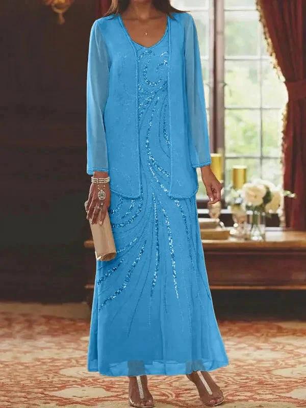 Sheath/Column V-Neck Ankle-Length Mother of the Bride Dresses with Jacket & Sequins - Image 51