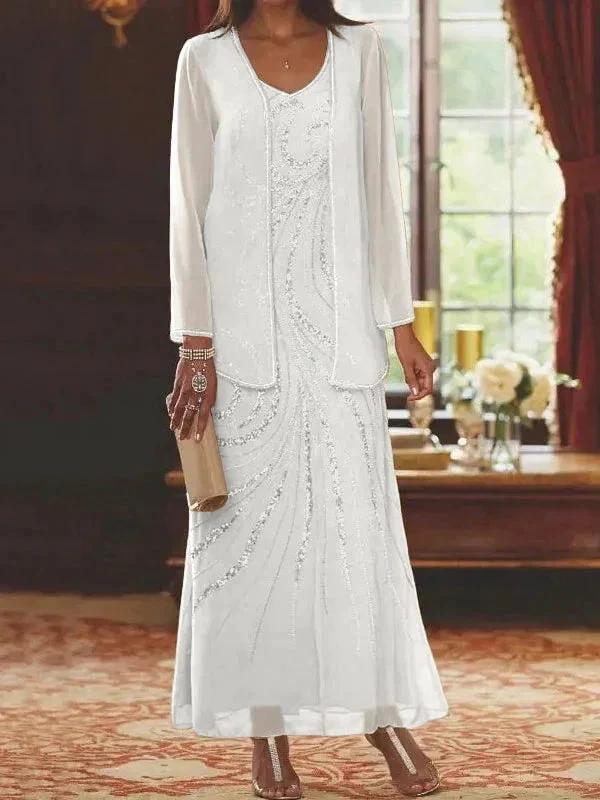 Sheath/Column V-Neck Ankle-Length Mother of the Bride Dresses with Jacket & Sequins - Image 52