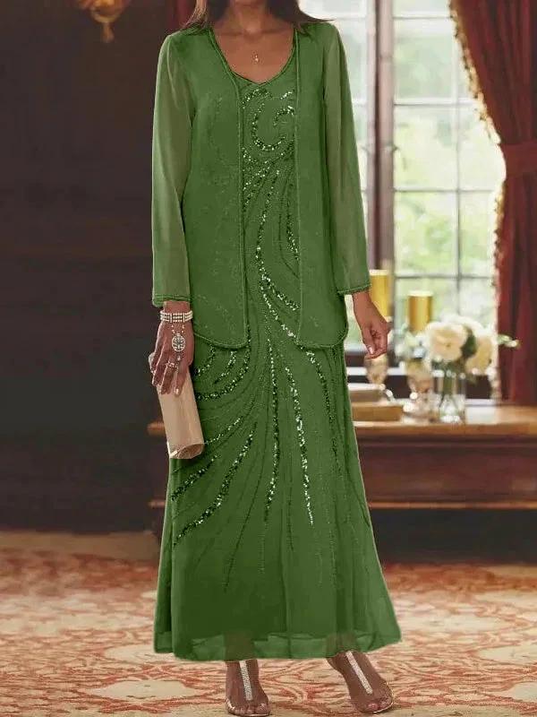 Sheath/Column V-Neck Ankle-Length Mother of the Bride Dresses with Jacket & Sequins - Image 53