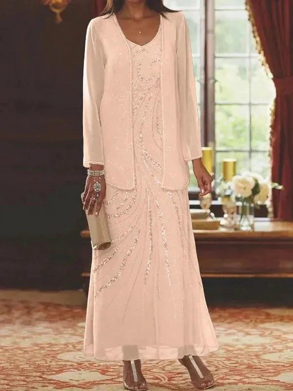 Sheath/Column V-Neck Ankle-Length Mother of the Bride Dresses with Jacket & Sequins - Image 56