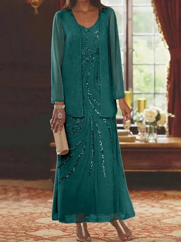 Sheath/Column V-Neck Ankle-Length Mother of the Bride Dresses with Jacket & Sequins - Image 57