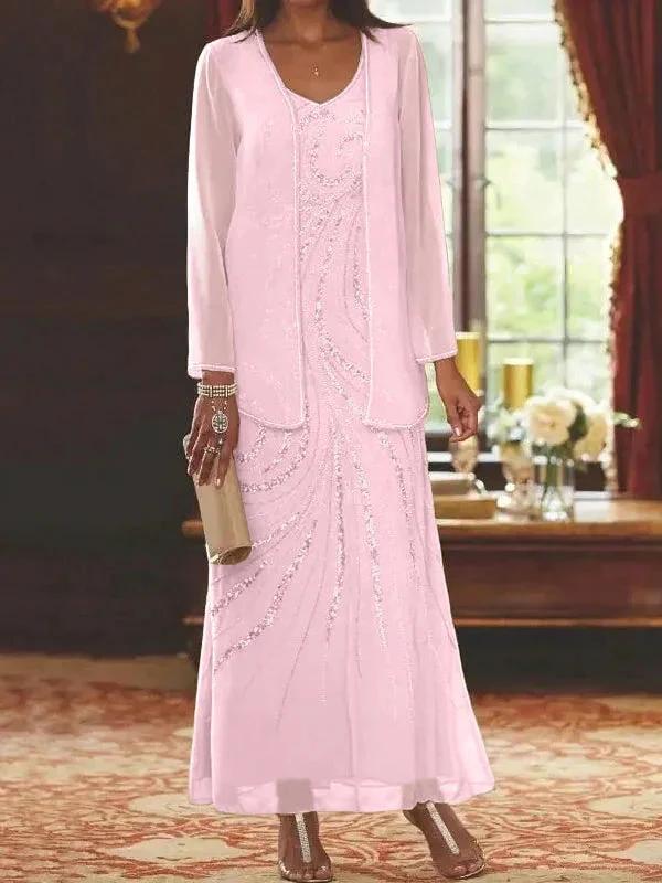 Sheath/Column V-Neck Ankle-Length Mother of the Bride Dresses with Jacket & Sequins - Image 58