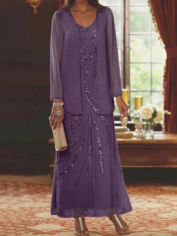Sheath/Column V-Neck Ankle-Length Mother of the Bride Dresses with Jacket & Sequins - Image 59