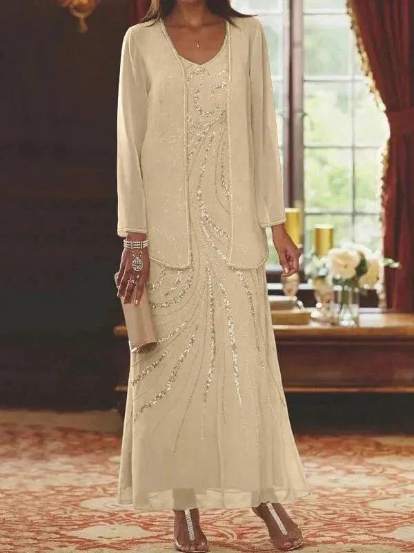 Sheath/Column V-Neck Ankle-Length Mother of the Bride Dresses with Jacket & Sequins - Image 6