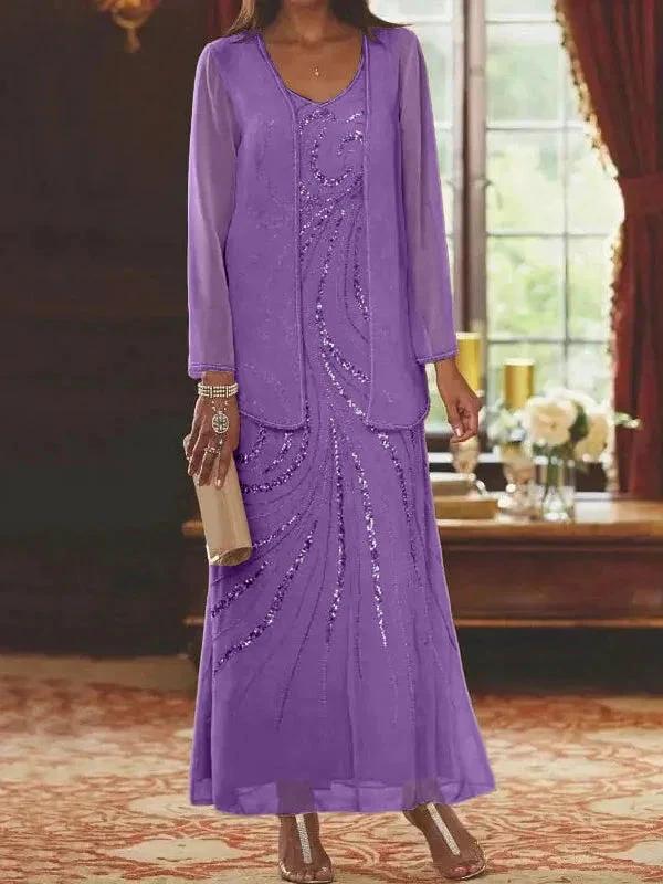 Sheath/Column V-Neck Ankle-Length Mother of the Bride Dresses with Jacket & Sequins - Image 60