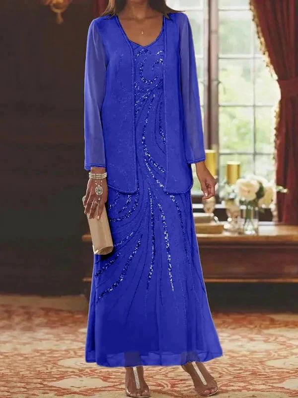 Sheath/Column V-Neck Ankle-Length Mother of the Bride Dresses with Jacket & Sequins - Image 62