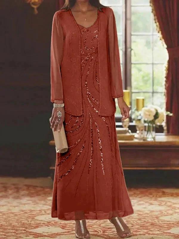 Sheath/Column V-Neck Ankle-Length Mother of the Bride Dresses with Jacket & Sequins - Image 63
