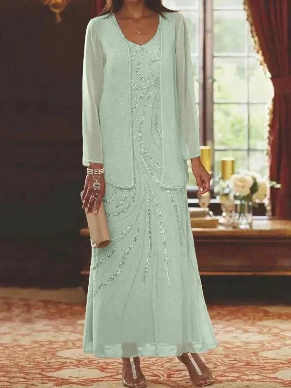 Sheath/Column V-Neck Ankle-Length Mother of the Bride Dresses with Jacket & Sequins - Image 64