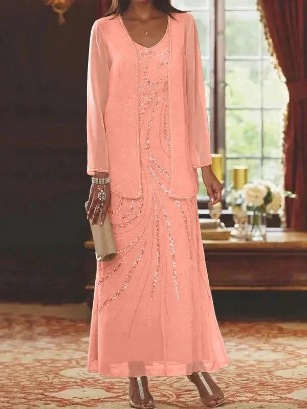 Sheath/Column V-Neck Ankle-Length Mother of the Bride Dresses with Jacket & Sequins - Image 65