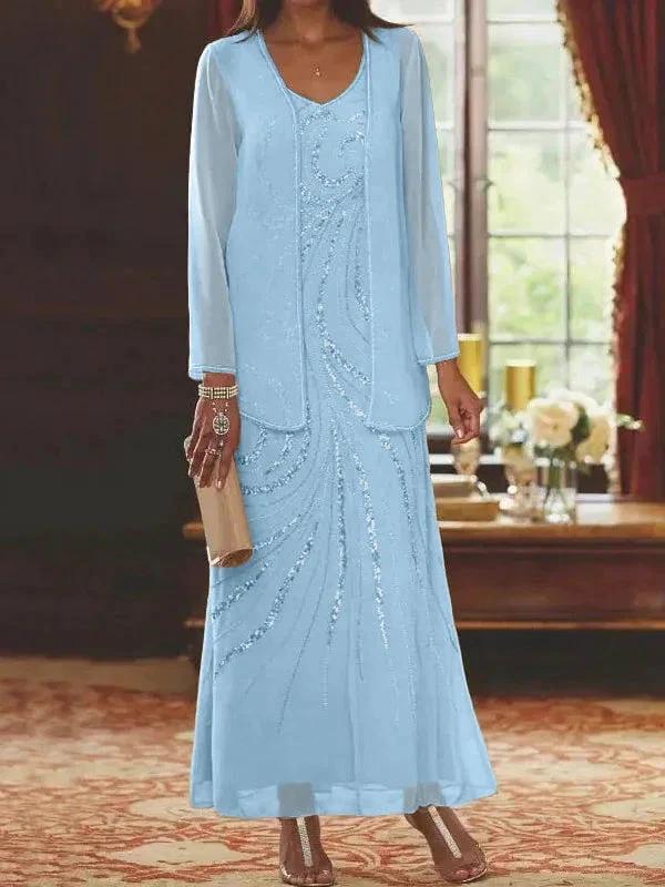 Sheath/Column V-Neck Ankle-Length Mother of the Bride Dresses with Jacket & Sequins - Image 66