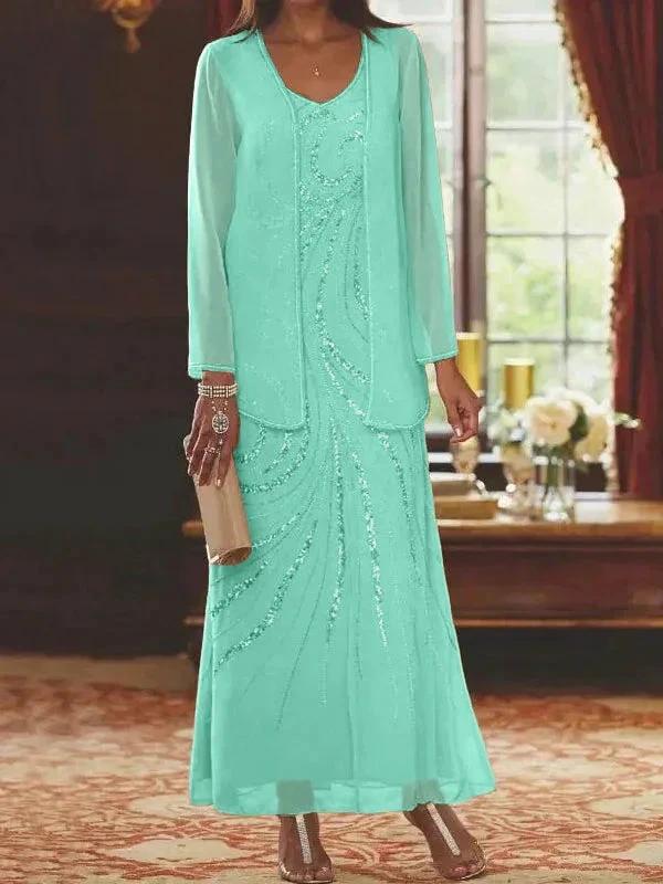 Sheath/Column V-Neck Ankle-Length Mother of the Bride Dresses with Jacket & Sequins - Image 67