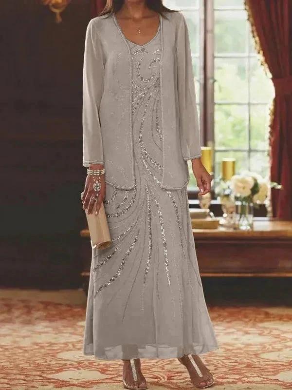 Sheath/Column V-Neck Ankle-Length Mother of the Bride Dresses with Jacket & Sequins - Image 68