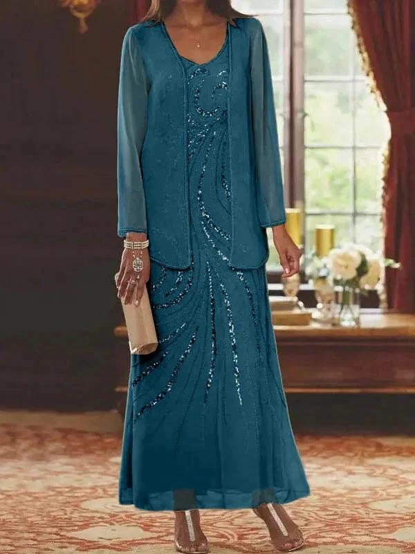 Sheath/Column V-Neck Ankle-Length Mother of the Bride Dresses with Jacket & Sequins - Image 69