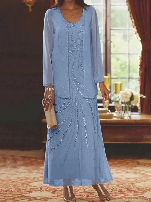 Sheath/Column V-Neck Ankle-Length Mother of the Bride Dresses with Jacket & Sequins - Image 7