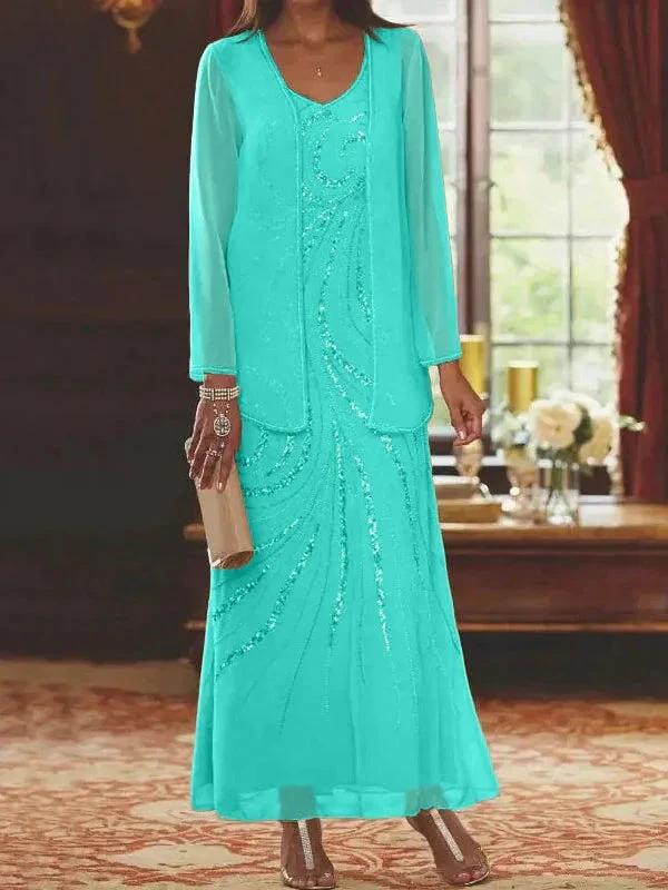 Sheath/Column V-Neck Ankle-Length Mother of the Bride Dresses with Jacket & Sequins - Image 70