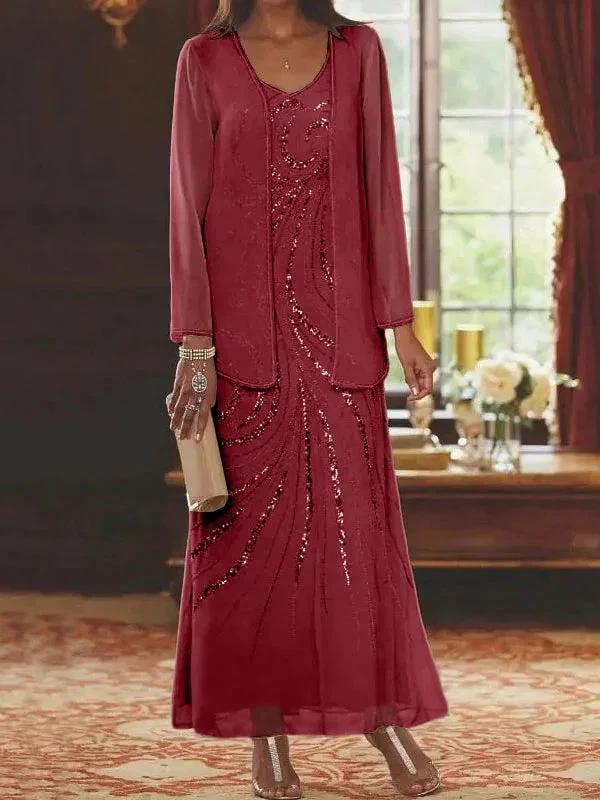 Sheath/Column V-Neck Ankle-Length Mother of the Bride Dresses with Jacket & Sequins - Image 72