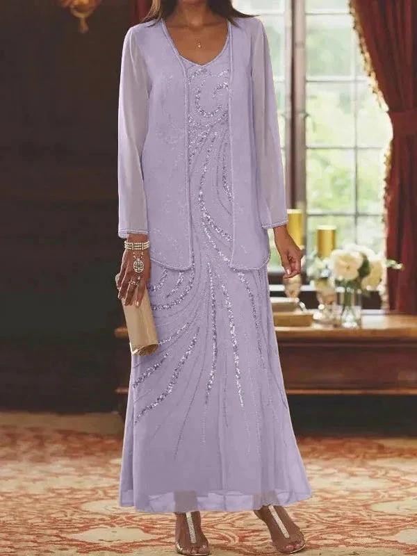 Sheath/Column V-Neck Ankle-Length Mother of the Bride Dresses with Jacket & Sequins - Image 73