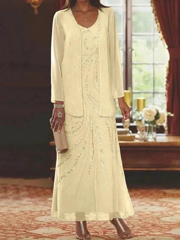 Sheath/Column V-Neck Ankle-Length Mother of the Bride Dresses with Jacket & Sequins - Image 74