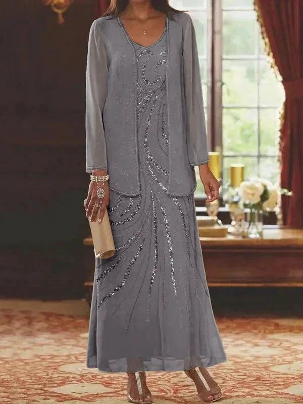 Sheath/Column V-Neck Ankle-Length Mother of the Bride Dresses with Jacket & Sequins - Image 8