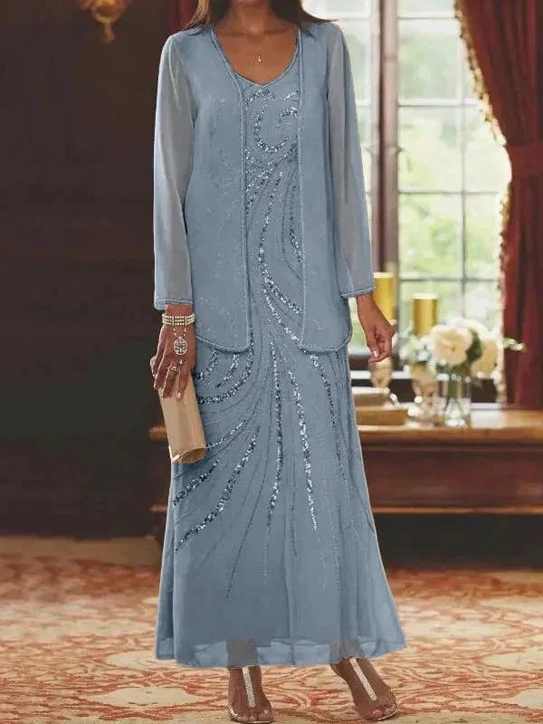 Sheath/Column V-Neck Ankle-Length Mother of the Bride Dresses with Jacket & Sequins - Image 9