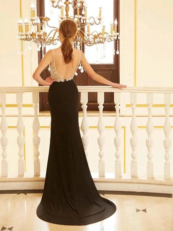 Sheath/Column V-neck Beading Sleeveless Spandex Prom Dresses - Image 2