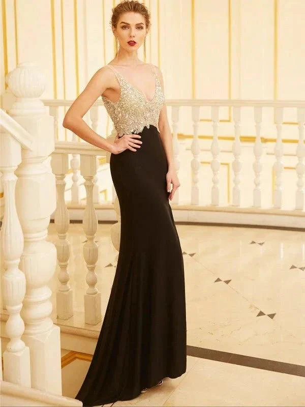 Sheath/Column V-neck Beading Sleeveless Spandex Prom Dresses - Image 4