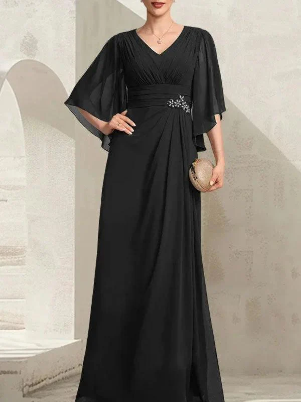 Sheath/Column V-Neck Floor-Length Chiffon Mother of the Bride Dress With Pleated Sequins Beading - Image 10