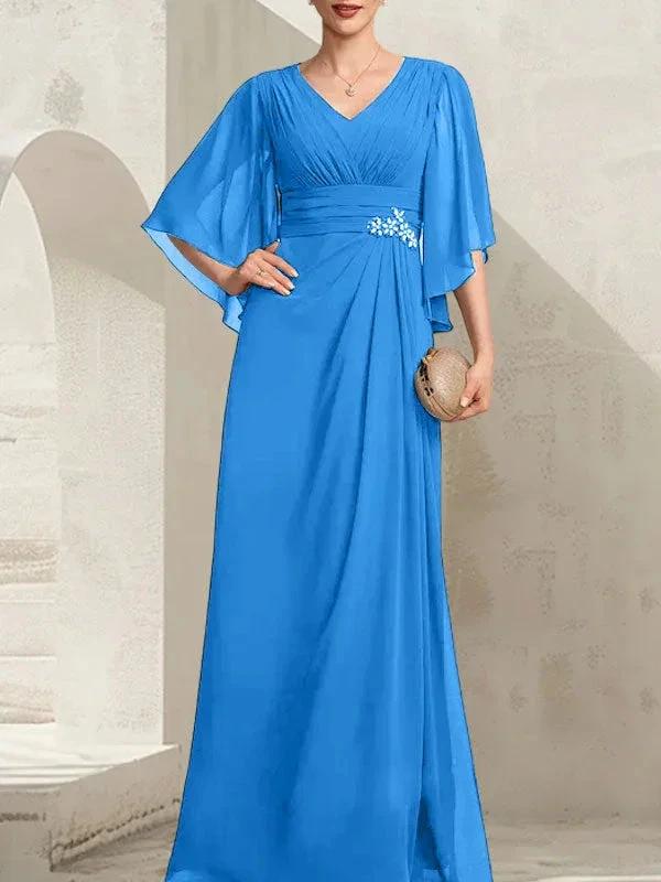 Sheath/Column V-Neck Floor-Length Chiffon Mother of the Bride Dress With Pleated Sequins Beading - Image 11
