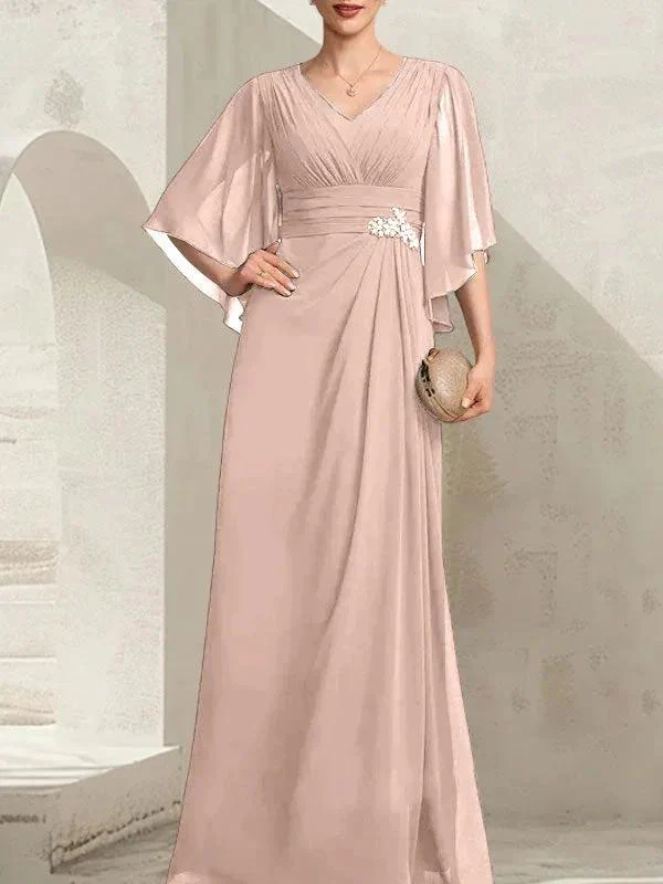 Sheath/Column V-Neck Floor-Length Chiffon Mother of the Bride Dress With Pleated Sequins Beading - Image 12