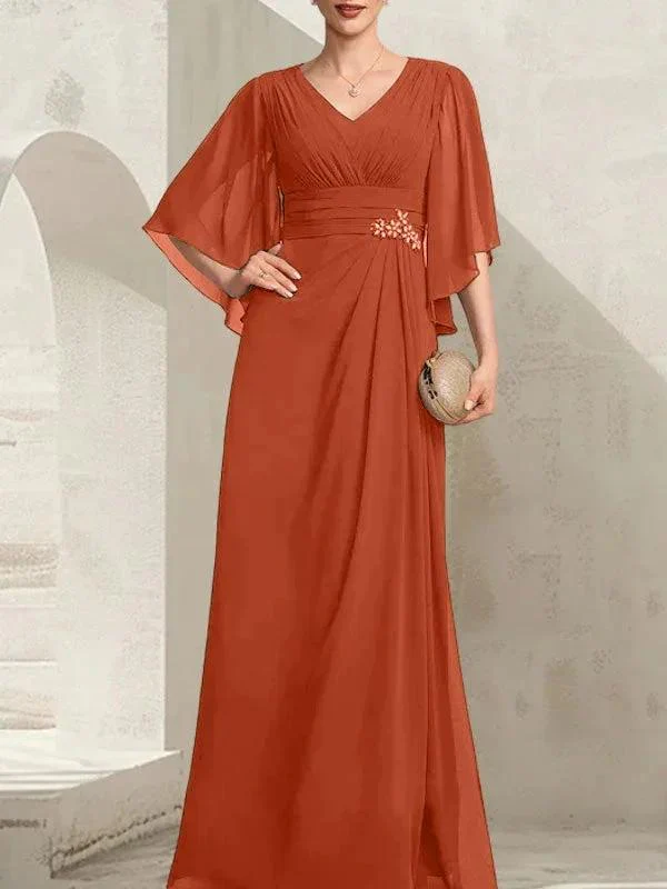 Sheath/Column V-Neck Floor-Length Chiffon Mother of the Bride Dress With Pleated Sequins Beading - Image 13