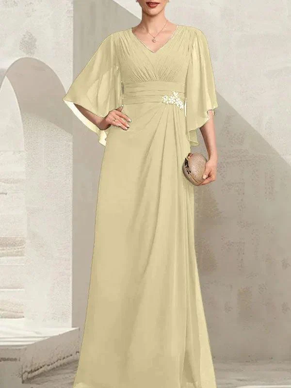 Sheath/Column V-Neck Floor-Length Chiffon Mother of the Bride Dress With Pleated Sequins Beading - Image 14