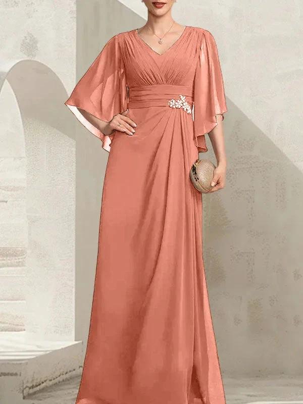 Sheath/Column V-Neck Floor-Length Chiffon Mother of the Bride Dress With Pleated Sequins Beading - Image 15